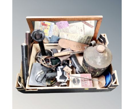 A box containing vintage candlestick telephone, cameras, oil can, frame containing seaside ephemera etc. 