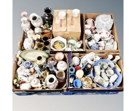 A pallet of five boxes of assorted ceramics, English tea ware, Oriental vases, figurines, commemorative tea caddy, vases, boo