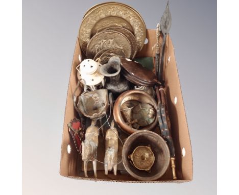 A box containing antique and later metal wares to include a brass figure of a chariot with horses, brass plaques, barometer, 