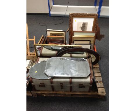 A pallet of antique and later pictures and prints, copper panel, mirrors, shipping trunk 