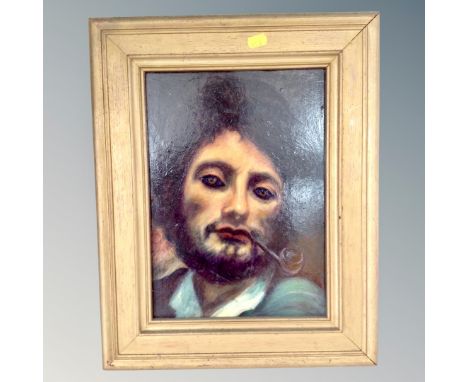 A 20th century oil on board : portrait of a man smoking a pipe, 33cm by 24cm, in gilt frame 