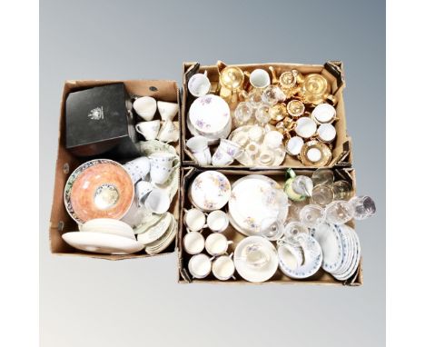 Three boxes containing miscellaneous ceramics and glassware to include English and continental tea services, Maling bowl, box