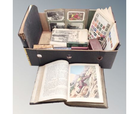 A box containing antique and later ephemera and books : Bunyan's Works, Pilgrim's Progress with colour lithographic book plat