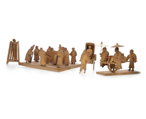 CHINESE CARVED WOOD DIORAMA OF A COURTROOM SCENE, with a square base, 16.5cm wide, along with a buffalo ploughing, a sedan ch