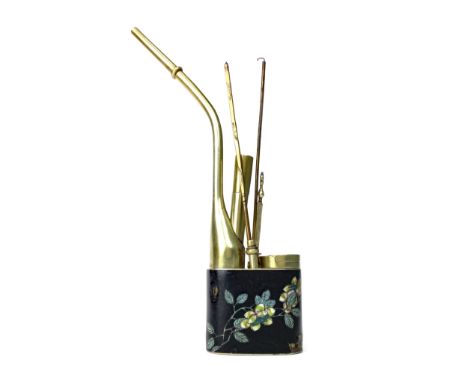 CHINESE BRASS AND ENAMEL PIPE, painted with flowers, 26cm high