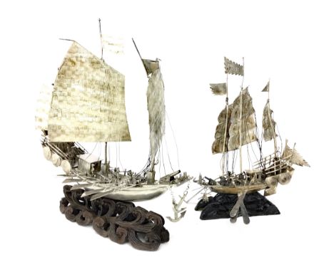 EARLY 20TH CENTURY CHINESE SILVER JUNK, modelled with three sails and with flags and oars, stamped HM, probably Shanghai c.19
