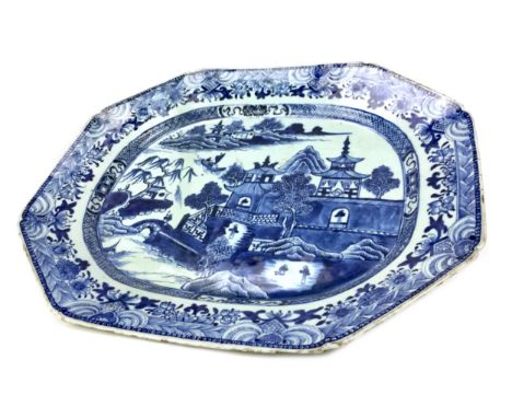 19TH CENTURY CHINESE BLUE AND WHITE ASHET, painted with an architectural landscape scene, 45cm wide