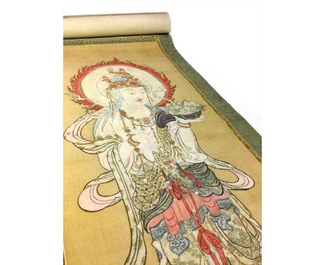 EARLY 20TH CENTURY CHINESE PAINTED SCROLL, depicting a Buddhist deity, 186cm x 54cm overall