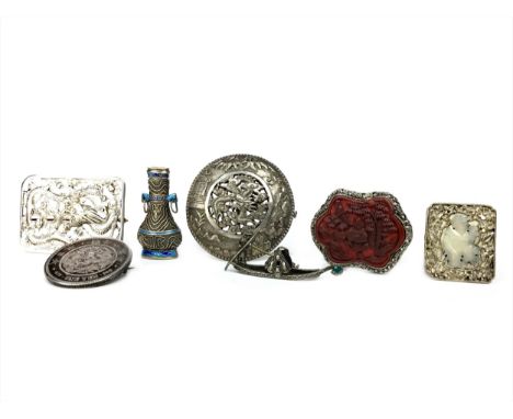 CHINESE SILVER AND JADE BROOCH, of rectangular form and with a male figure, 3.5cm wide, along with two Chinese brooches model