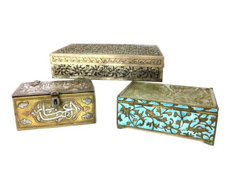 CHINESE CASKET, the hinged rectangular lid inset with carved jadeite, the sides with turquoise enamel, 13cm wide, along with 