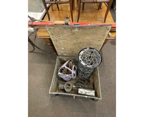 Collection of vintage skis and poles, ice skates, military trunk, cakestand, etc.