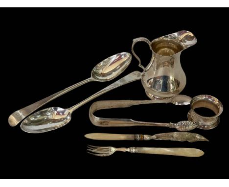 Pair George III silver tablespoons, London 1778, silver cream jug, tongs, napkin ring, butter knife and pickle fork.