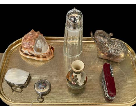 Continental silver and enamel fob watch, carved cameo shell, mother of pearl coin purse, Satsuma vase, caster, knife, etc.