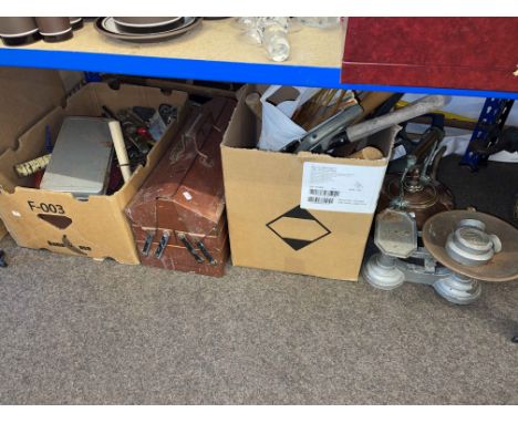 Three boxes of assorted tools, copper kettle, kitchen scales, etc.