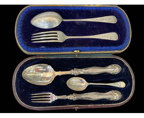 Hilliard &amp; Thomason silver Christening spoon and fork set, Birmingham 1905, and another set with matched teaspoon, both c