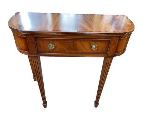Mahogany and line inlaid D-shaped single drawer console table on reeded tapering legs, 78cm by 90.5cm by 40.5cm.