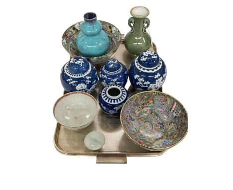 Two Cantonese pottery bowls, Chinese crackle glaze elephant handled vase, double gourd vase, four prunus ginger jars and two 