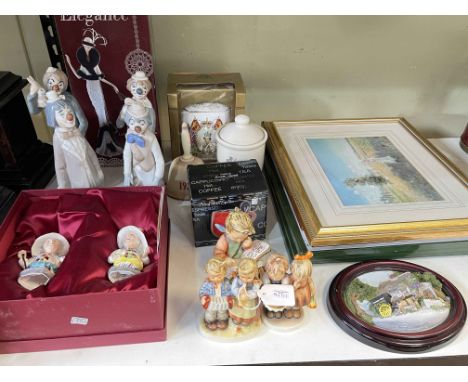 Four Cascades Clown figures, two Mansion House dwarfs, three Hummel figures, Elegance boxed figure, prints, etc.
