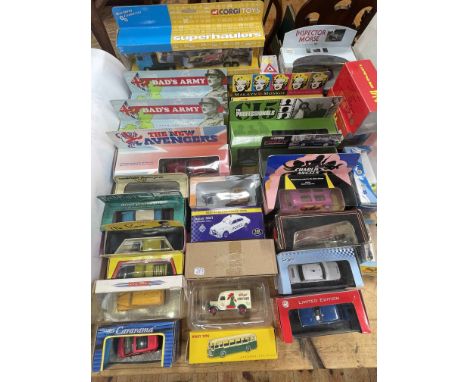 Collection of various model vehicles including Corgi Superhauler, The Avengers Jaguar, Dads Army Thornycroft Van and Bedford 