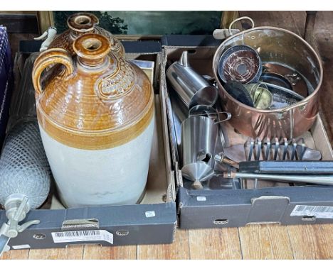 Two large Stoneware bottles, two soda siphons, Durham print, copper pan, silver collared knives, etc.