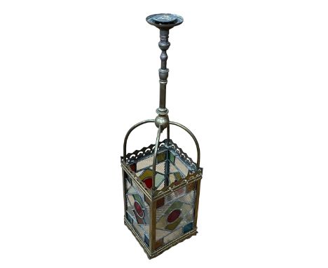 Brass and coloured leaded glass hall lantern.
