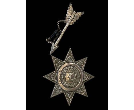 Hilliard &amp; Thomason Victorian embossed silver badge with stag and horn armorial, Birmingham 1887, and Hilliard &amp; Thom