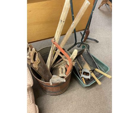 Vintage flour bin, hand tools and Qualcast Push Mower.
