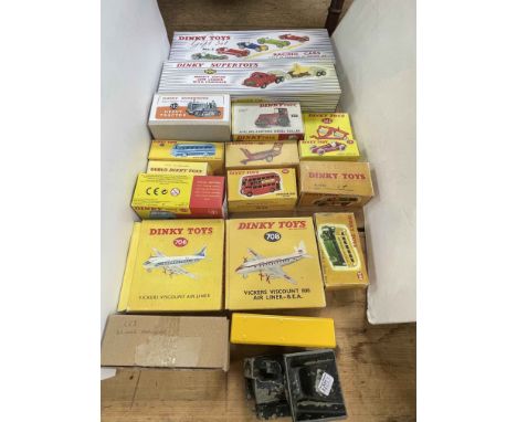 Collection of Dinky model vehicles including Gift Set No4 Racing Cars, Mighty Antar Low Loader, Heavy Tractor, two aeroplanes