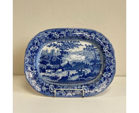 A C.1820 Swansea Baker, Bevans &amp; Irwin 'Ladies of Llangollen' platter of lobed lozenge form, printed with a figural scene