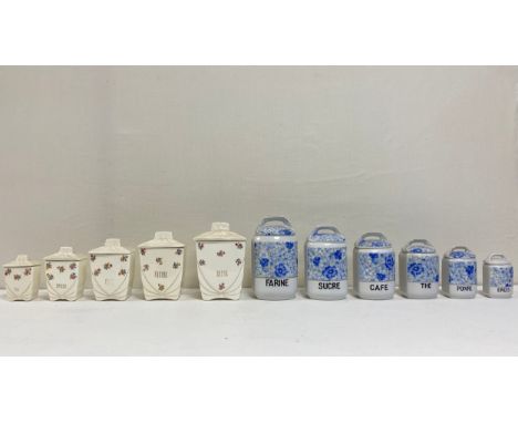 Two sets of vintage French lidded ceramic kitchen containers. H.20cm (tallest one) 