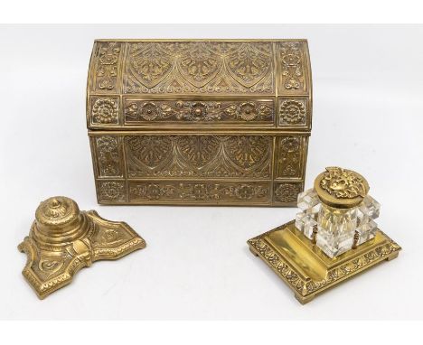 A Group of early 20th century Brassware to include; A Brass cased wooden letter box/holder with embossing of stylised floral 