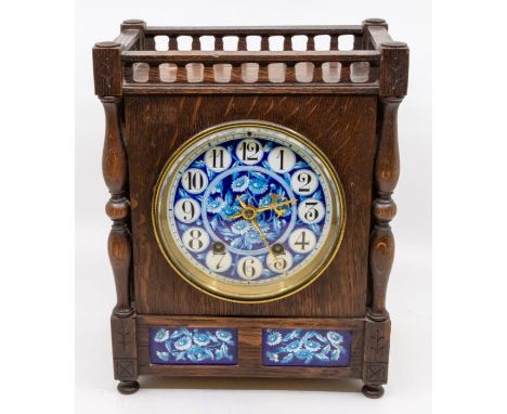 A  good arts & crafts style mantel clock with 2 train spring movement, chiming on a gong, with 5" round dial with Arabic nume