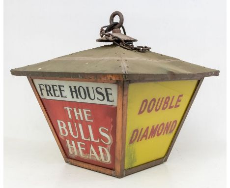 Advertising: An early to mid 20th century, outside wall hanging vintage lamp from 'The Bulls Head', with Double Diamond adver