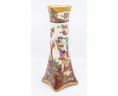 A large Bavarian ceramic vase made by H & Co, designed and hand painted with a design of a ladies with Deer's and floral gras