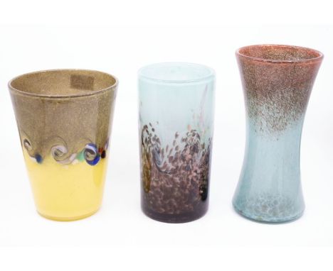 A small collection of Scottish Art Glass to include: A large tapered Vasart vase with a fluorescent red and blue colour schem