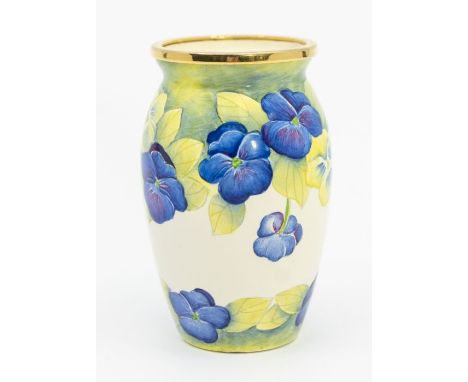 Moorcroft enamel Pansies vase, trial 22/12/98. Height approx 6cm. 2 chips to foot rim.
