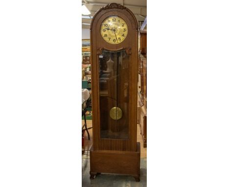 An art deco style longcase clock H.L Kimsey of Salisbury with Lenzkirch movement. A 12" round brass dial with Arabic numerals
