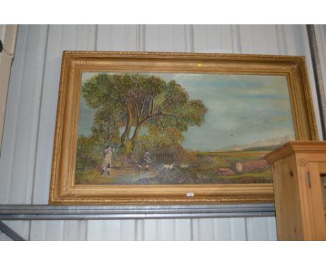 A large gilt framed oil on board study of a hunting scene 