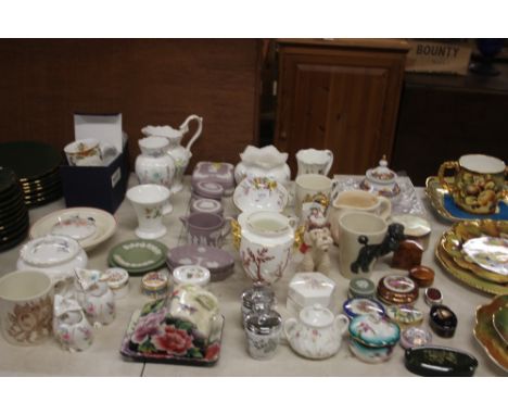 A collection of decorative china to include Wedgwood jasperware, Aynsley "Wild Tudor" vase and jug, small china trinket boxes