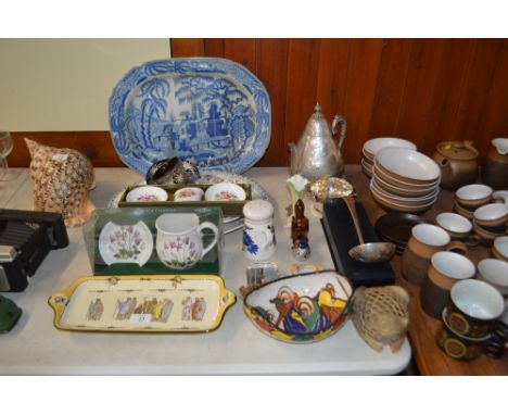 A 19th Century blue and white  transfer printed meat plate AF; a large silver plated ladle and bowl; a teapot; a Portmerion m