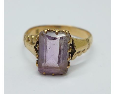 A yellow metal and amethyst ring, tests as 9ct gold, 2.6g, N 