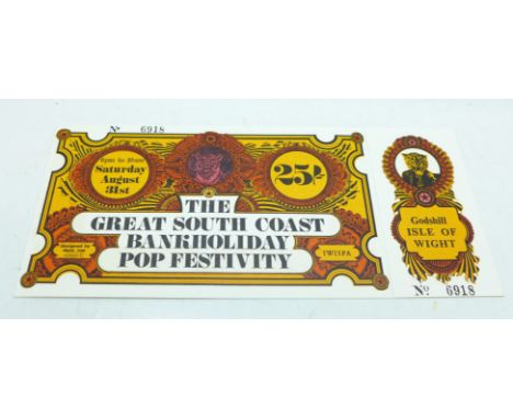 An unused ticket for 1968 Isle of Wight Festival including T-Rex, The Move, Jefferson Airplane, etc. 