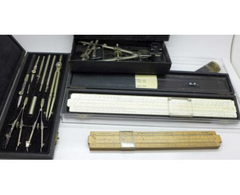 A cased set of drawing instruments, a B.R. Engineering Ltd. slide rule, compass, etc. 