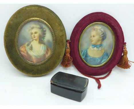 Two miniature portraits and a Victorian papier mache snuff box 