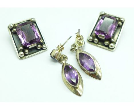 Two pairs of silver and amethyst earrings, (one pair clip-on) 