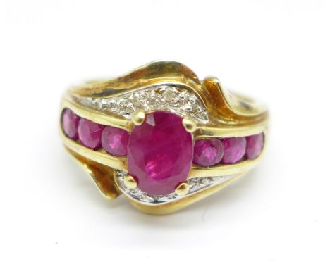 A 10k gold, ruby and diamond ring, 3.5g, M 