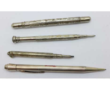 A silver Life-Long pencil, a pencil holder and two other propelling pencils 