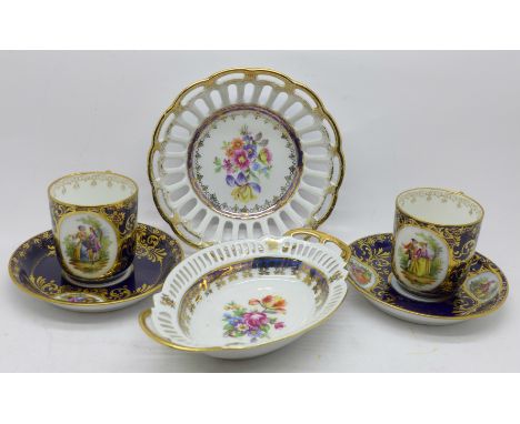 Two Vienna cups and saucers and two Dresden dishes 
