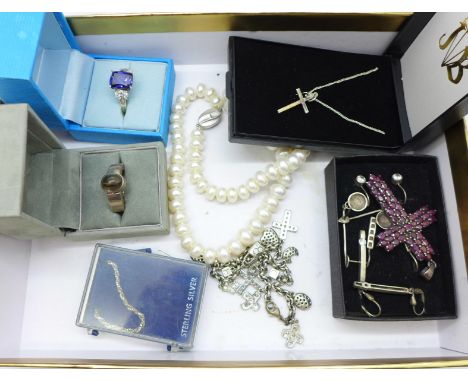 A silver and Indian ruby cross pendant and other silver jewellery 
