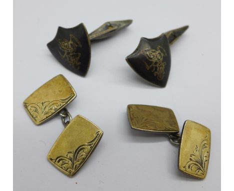A pair of 9ct gold on silver cufflinks, a pair of sterling and Niello cufflinks and a pair of gold plated cufflinks 
